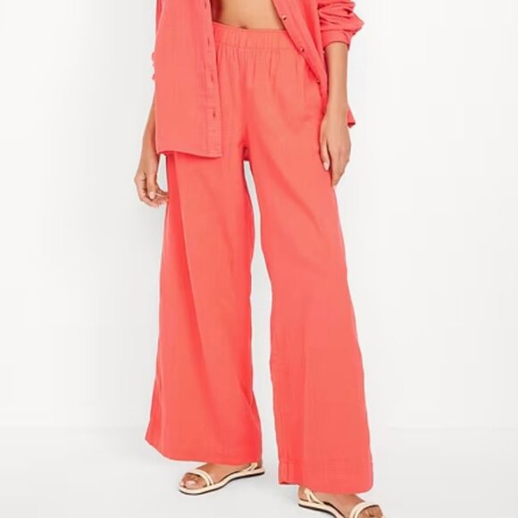 Old Navy High-Waisted Crinkle Gauze Super Wide-Leg Pants in Coral (M) NWT! - Picture 1 of 13